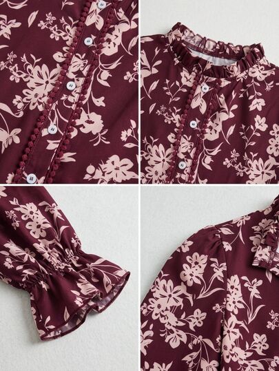SHEIN Herfst damesblouse met kleine bloemenprint, rucheskraag, enkelrijige knopen, uitlopende lange mouwen, elegant forenzenhemd