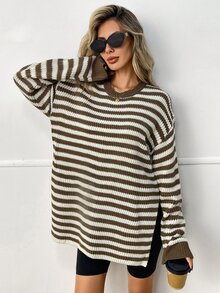 Elyressa Sweater Wanita Bergaris Kasual Gaya Prancis dengan Desain Belahan, Musim Dingin - MultiWarna - View 8