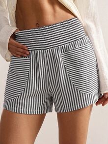 Bohemela Women's Striped Pocket Design Loose Casual Shorts - Black and White - View 7