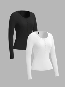 SHEIN EZwear 2件組女款素色鈕扣半開襟長袖休閒T恤 - 彩色 - 查看 3