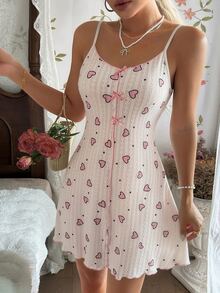 CottageSlumber Soft Pink Heart Pattern Nightgown With Delicate Bow Decor, Lazy Home Cami Dress - Baby Pink - View 4