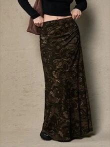 Freevana Plus Size Bohemian 90s Vintage Western Style Paisley Flower Print Versatile Black Knit Skirt For Women, Autumn/Winter Fall Brunch Date Night - Multicolor - View 3
