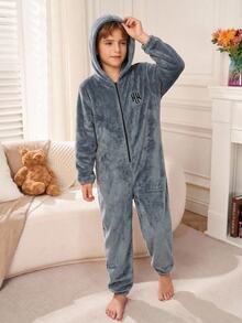 SHEIN Tween Boy Autumn/Winter Minimalist Letter Embroidered Pattern Long Sleeve Hooded Zip-Up Soft Skin-Friendly Flannel Loungewear Jumpsuit - Grey - View 7