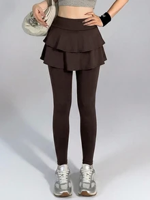 DAZY Legging Olahraga Wanita Kasual Serbaguna Empat Musim, Pinggang Tinggi, Dua Lapisan, Hem Berumbai, Patchwork, Potongan Ramping, Elastis, Warna Kopi - Coklat - View 1