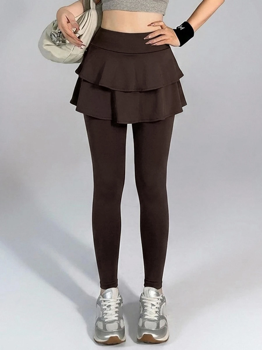 DAZY Legging Olahraga Wanita Kasual Serbaguna Empat Musim, Pinggang Tinggi, Dua Lapisan, Hem Berumbai, Patchwork, Potongan Ramping, Elastis, Warna Kopi - Coklat - View 1
