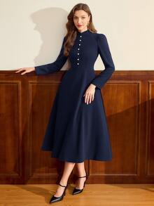 Vintamour Vintage Elegant Women's Dress With Pockets, Button Cheongsam Collar, New Chinese Style Casual Commute Vacation Holiday Dress - Navy Blue - View 6