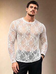 ZURIURI Men's Elegant Casual Lace Sheer Long Sleeve T-Shirt - White - View 3