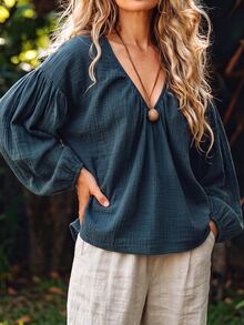Linhara CURVE Women's Plus Size V-Neck Casual Blouse, Autumn/Winter Outdoor Top - Blue - View 5