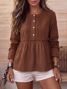 Holdful Holdful Women's Fashion Button Half-Placket Pleated Minimalist Shirt - Coffee Brown - View 6