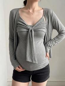 DAZY Slim Fit Tie Bow Tank Top Short Cardigan Casual Vacation Korean Style Spring Autumn Maternity 2 Pieces Set - Grey - View 3