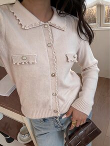 FavEase Women's Autumn/Winter Casual Youthful Horizontal Pocket Lace Patchwork Knit Cardigan - Pink - View 1