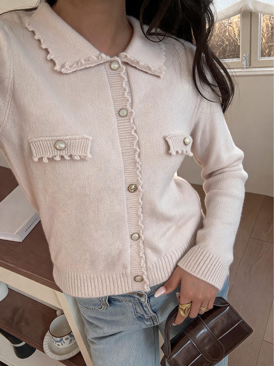 FavEase Women's Autumn/Winter Casual Youthful Horizontal Pocket Lace Patchwork Knit Cardigan - Pink - View 1