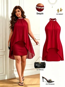 Femmeverse Women's Plus Size Summer New Pleated Halter Neck Sequin Patchwork Sleeveless High Waist Bodycon Dress - Red - View 1