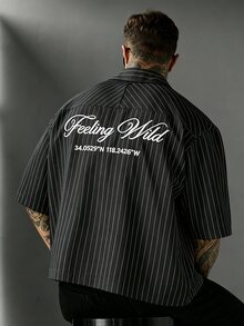 SLATEMANN 男士字母條紋短袖單排扣休閒襯衫 - 黑色 - 查看 3