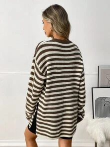 Elyressa Sweater Wanita Bergaris Kasual Gaya Prancis dengan Desain Belahan, Musim Dingin - MultiWarna - View 2