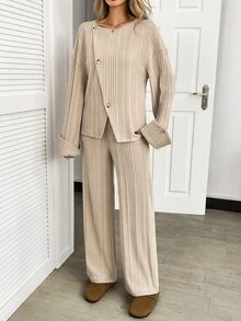 Elyressa Women's 2 Pieces Set, Comfortable Home Casual Textured Fabric Asymmetrical Button Decor Fold-Over Long Sleeve Top And Wide Leg Long Pants, Autumn/Winter - Multicolor - View 3