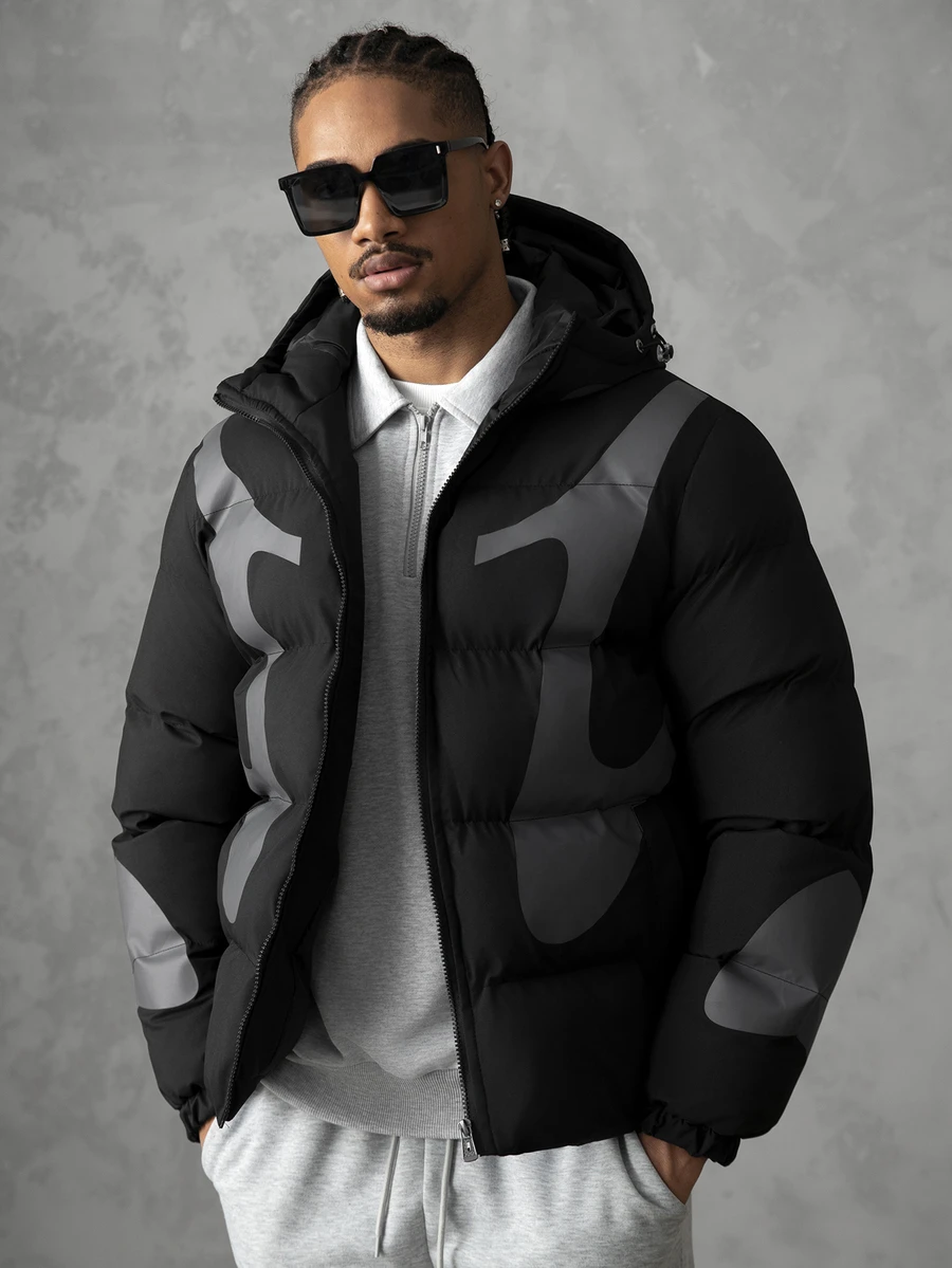 SLATEMANN Men's Colorblock Long Sleeve Zip-Up Casual Hooded Winter Jacket - Black - View 1
