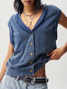 Bohemela Women's V-Neck Single-Breasted Casual Daily Vest Jacket - Blue - View 2