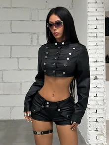 Jeanoix Women's Button Design Long Sleeve Cropped Napoleon Jacket And Shorts Fashion 2 Pieces Set - Black - View 1