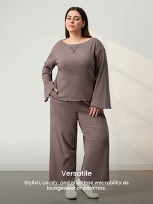 LUVLETTE Fall Women's Plus Size Brown Round Neck Long-Sleeved Pants Loungewear Set, Ribbed Texture Fabric, Comfortable Cotton Pajamas Lounge Sets For Women - Coffee Brown - View 9