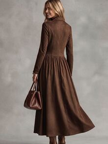 LUMIGAL Women's Solid Color Pleated Casual Party Dress - Coffee Brown - View 2