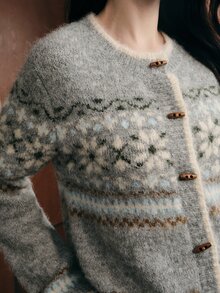 Anewsta Cardigan Rajut Jacquard Abu-abu Longgar dan Nyaman untuk Wanita, Cocok untuk Musim Dingin - Grey - View 2
