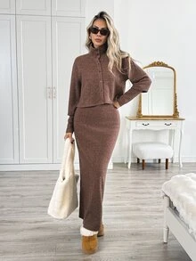 Easowa Women's Solid Color Camisole Dress And Long Sleeve Cardigan Casual Daily 2 Pieces Set - Brown - View 2