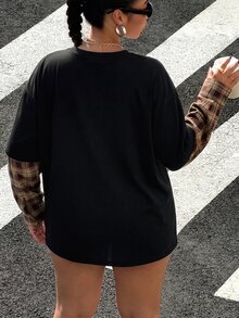 Muchica Plus Size Street Fashion Plaid Patchwork Long Sleeve Shirt - Black - View 2