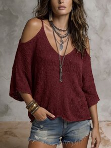 Solivie Women's Vacation Casual Colorblock Striped Cold Shoulder Spaghetti Strap Sweater - Burgundy - View 5