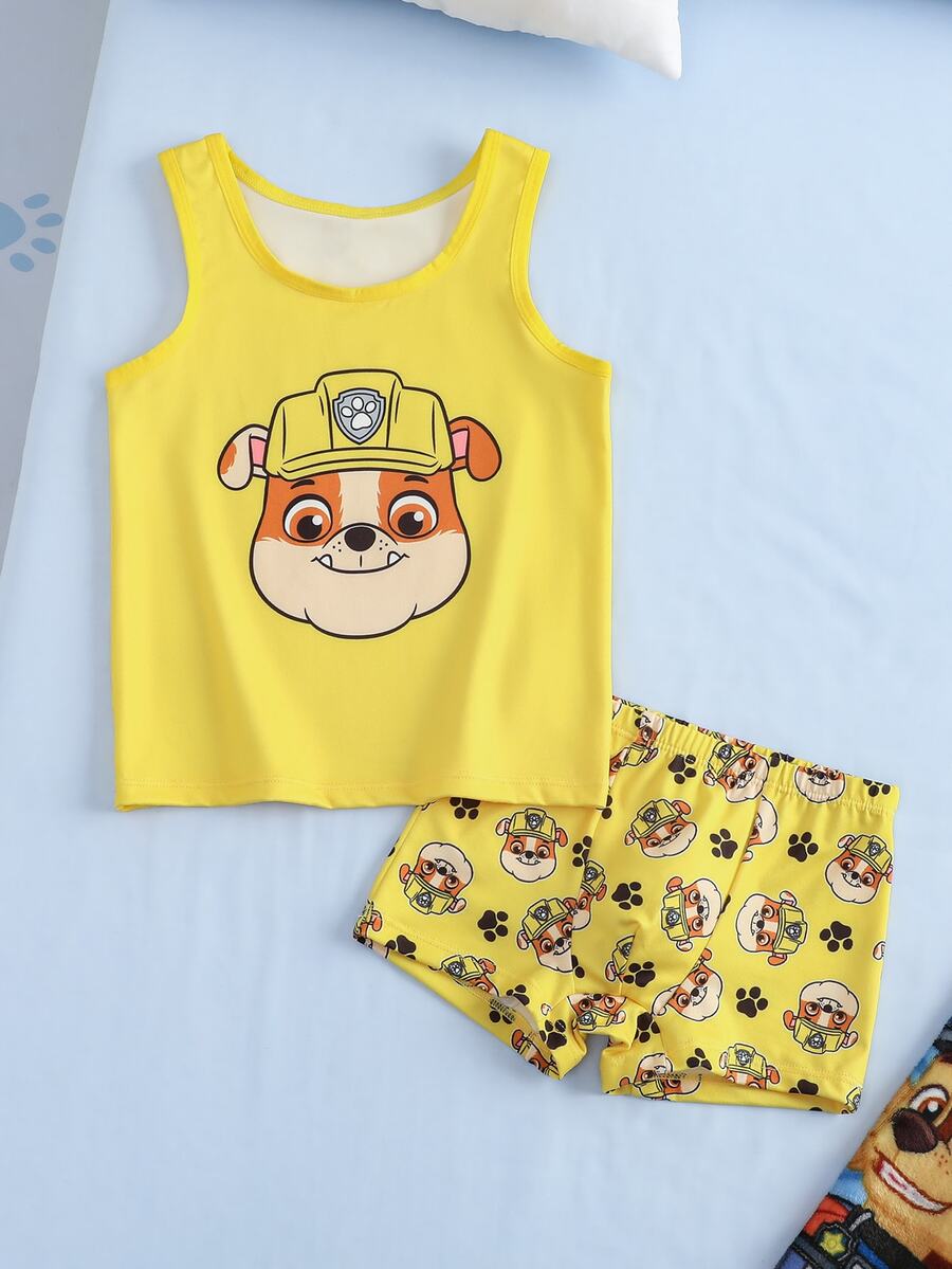SHEIN | PAW Patrol 小男孩卡通印花上衣與低腰內褲內衣套裝 - 黃色 - 查看 1