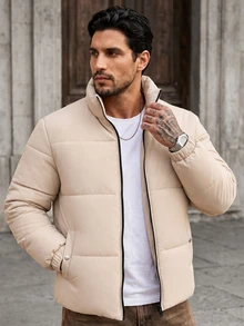 Manfinity CasualCool 男士立領拉鍊冬季加厚棉襖，適合戶外休閒穿著 - 卡其色 - 查看 5