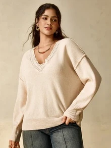 Nubod Lace V-Neck Soft Apricot Knitted Sweater - Apricot - View 3