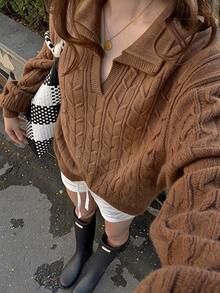 FavEase Women's Autumn/Winter Casual Youthful College Style Turn-Down Collar Ribbed Twisted Rope Knit Sweater - Brown - View 3