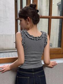 DAZY 女款純色荷葉邊修身百搭日常休閒上衣 - 灰色 - 查看 2