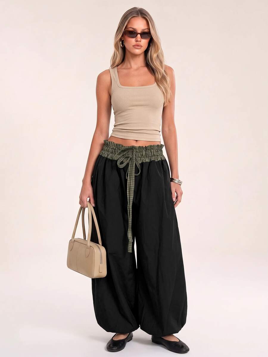 Avantive Women's Plaid Patchwork Drawstring Waist Pocket Loose Long Pants - Black - View 1