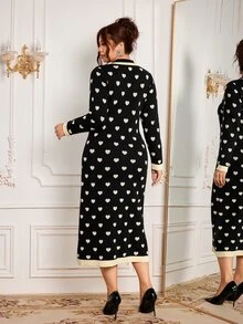 Modelyn Plus Size Women's Heart Pattern Single-Breasted Long Sleeve Slim Fit Elegant Knit Dress - Black - View 2