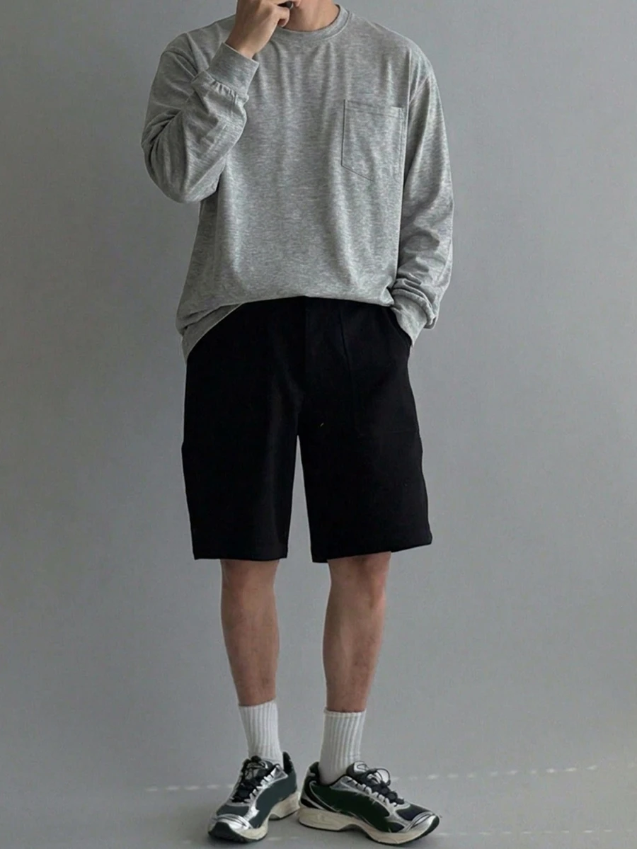 DAZY Camiseta de manga larga fina para hombre de primavera/otoño en color gris con mangas con puño y diseño de bolsillo en el pecho - Gris Claro - Ver 1