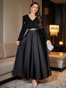 Reflora Plus Size Women Solid Color Sequin Waist Rhinestone Decor Elegant Dress - Black - View 6