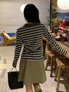 DAZY Women's Collared Striped Long Sleeve T-Shirt, Autumn/Winter - Blue - View 2