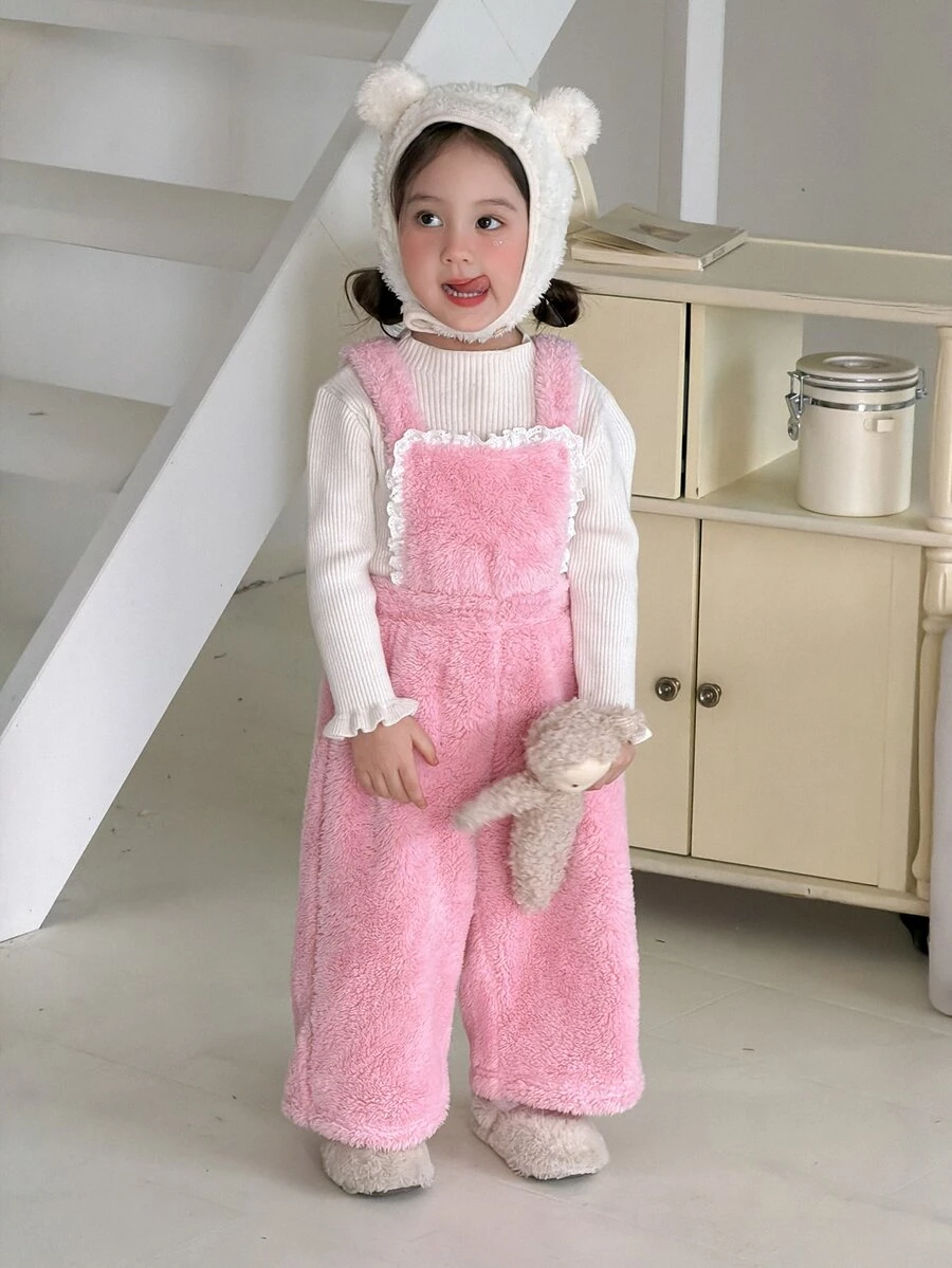 DAZY Baby Girl Frill Trim Plush Overall Casual Romper - Pink - View 1