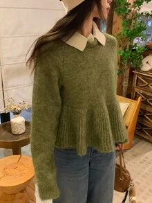 DAZY Women's Turn-Down Collar Long Sleeve Solid Color Sweater, Autumn/Winter - Mist Green - View 3