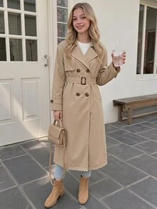 SHEIN Tween Girl Fashion Casual Street Commute Long Trench Coat - Khaki - View 12