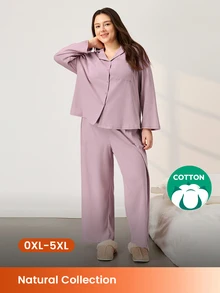 LUVLETTE Set Piyama Wanita Ukuran Plus Katun Lembut Nyaman Motif Waffle Kotak-kotak Klasik untuk Musim Gugur, Atasan Lengan Panjang dan Celana Panjang, Pakaian Musim Gugur - Berwarna merah muda - View 1