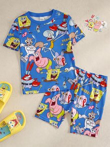 SpongeBob SquarePants | SHEIN 小男孩卡通印花短袖上衣與短褲居家服套裝 - 藍色 - 查看 1