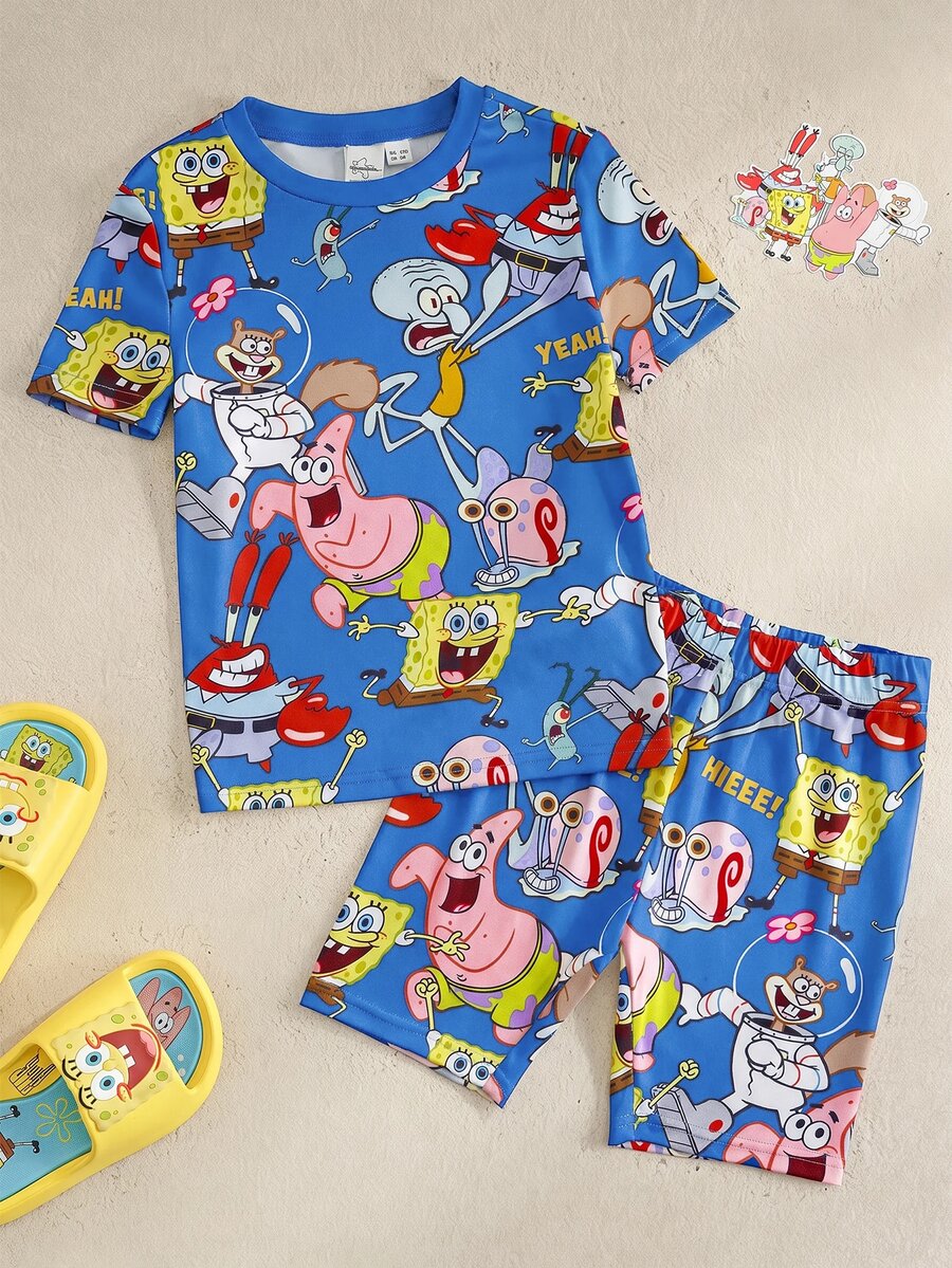 SpongeBob SquarePants | SHEIN 小男孩卡通印花短袖上衣與短褲居家服套裝 - 藍色 - 查看 1