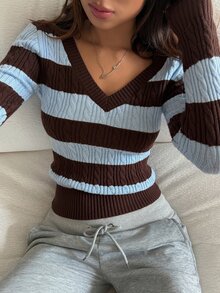 DAZY Women's Brown & Blue Thick Striped V-Neck Cable Knit Slim Fit Long Sleeve Casual Versatile Sweater - Blue - View 4