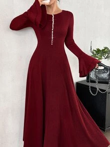Yasmyna Early Autumn Vibe Jacquard Knit Dress, Slimming Fitted Long Flared Dress, Gentle Style - Burgundy - View 1