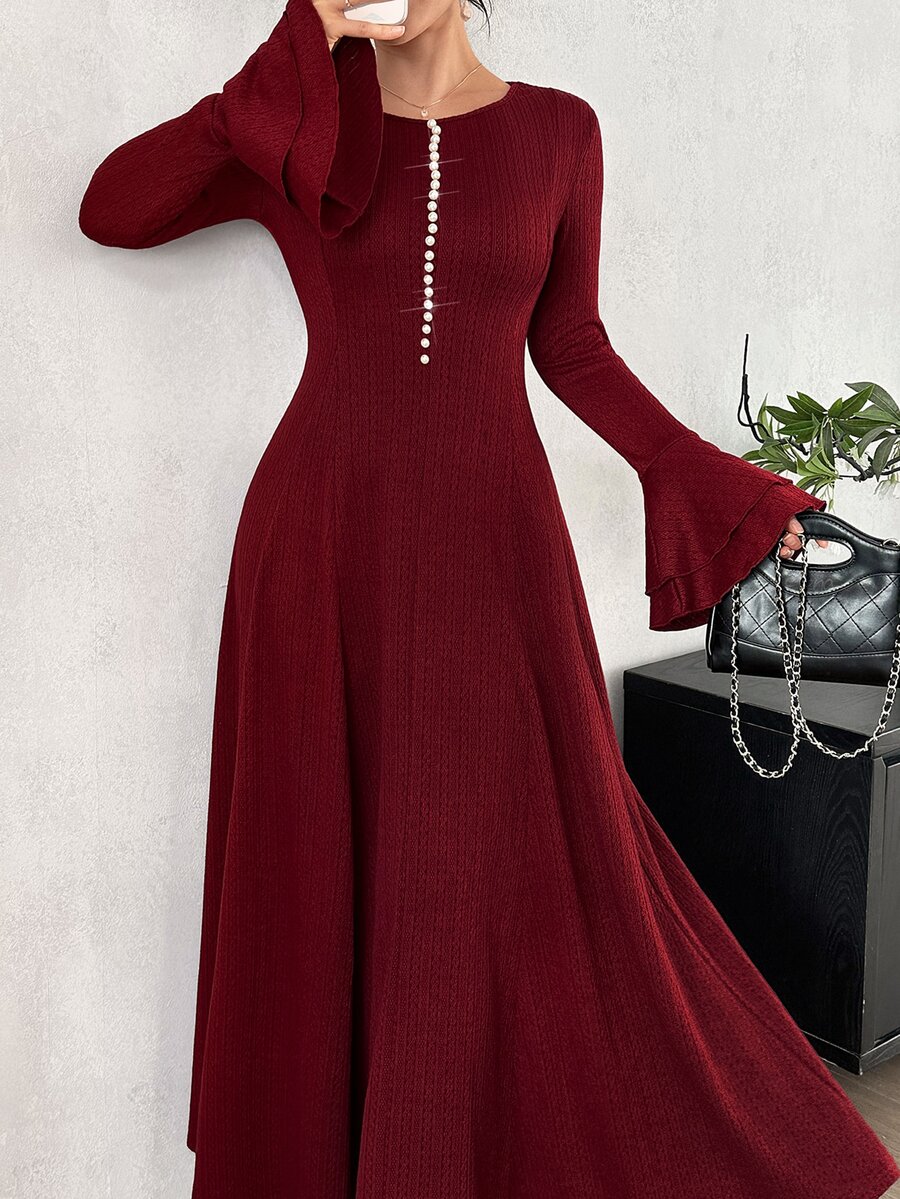 Yasmyna Early Autumn Vibe Jacquard Knit Dress, Slimming Fitted Long Flared Dress, Gentle Style - Burgundy - View 1