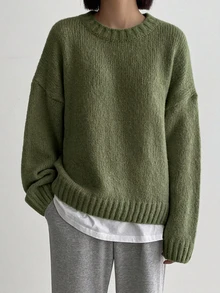 DAZY Women's Solid Color Drop Shoulder Crew Neck Casual Loose Pullover Sweater - Green - View 2