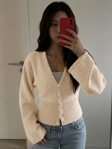 Livesso 秋冬杏色圓領鈕扣麻花針織長袖修身羅紋女款開襟衫 - 杏色 - 查看 3